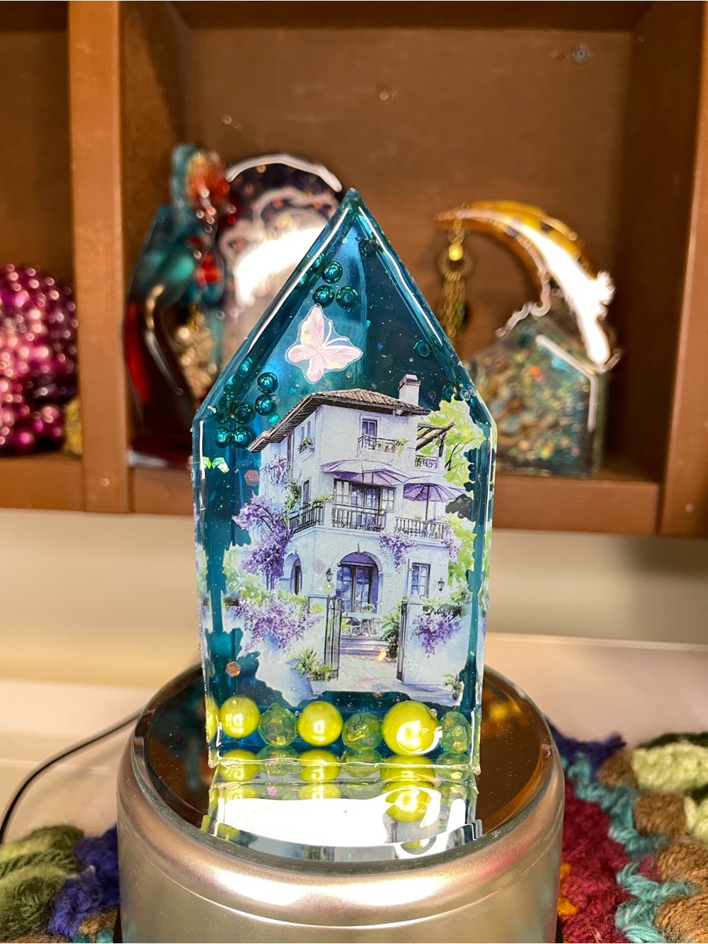 Handmade Charming blue House Mixed Media Art Piece